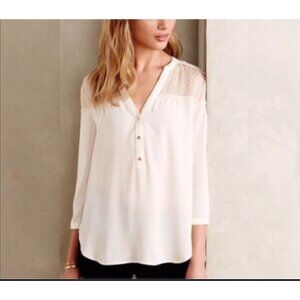 Maeve Anthropologie‎ Vantaa Henley Blouse 6 Ivory Polyester Relaxed Top 9961